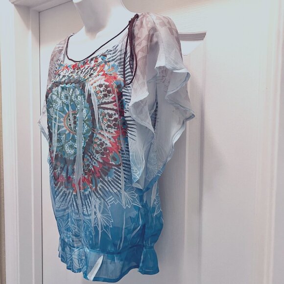 Bongo-Women's Sheer Short Flowy Sleeves Top-Necklace Built in-Med-Blue Boho - Picture 4 of 16